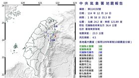 花蓮近海凌晨規模4.5地震，最大震度花蓮、宜蘭縣3級。（圖／翻攝自中央氣象署）