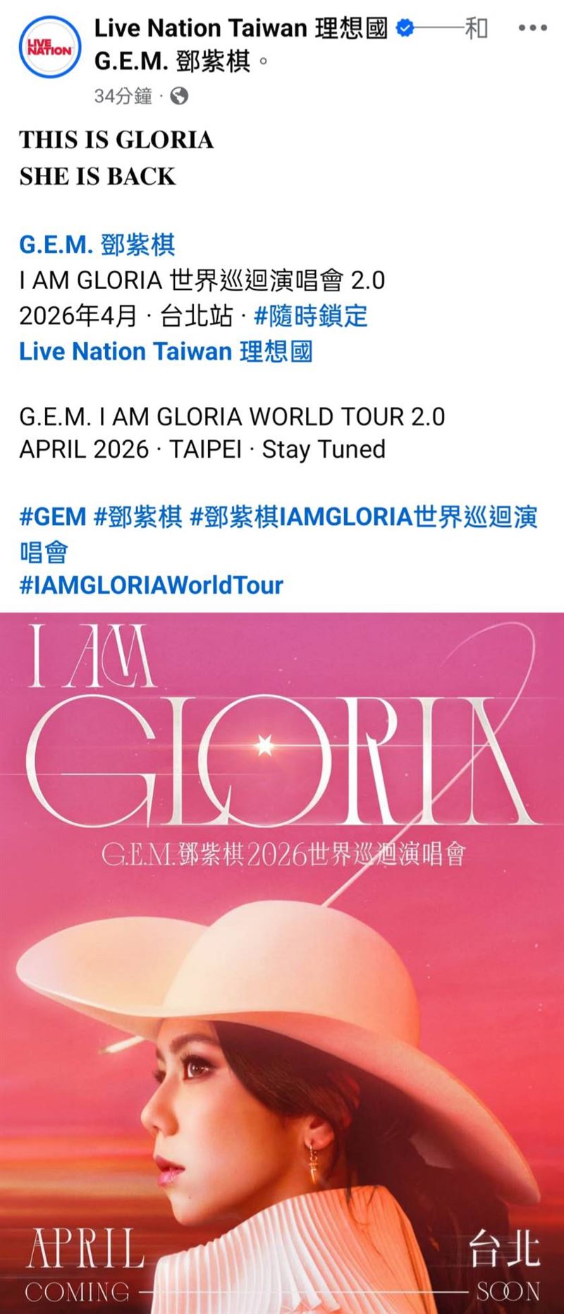 主辦單位公布鄧紫棋明年4月台北開唱。(圖/翻攝自鄧紫棋IG)