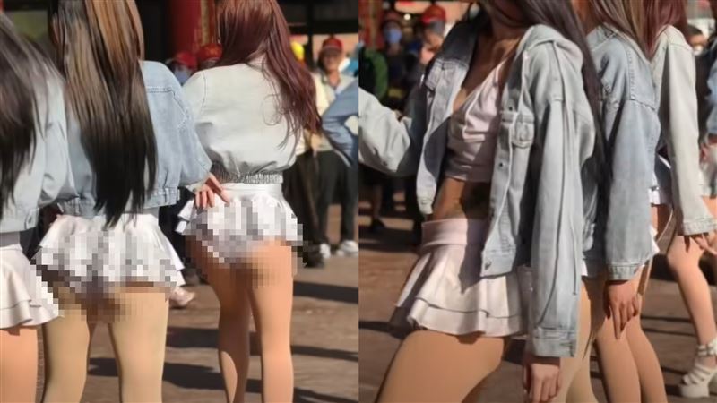 廟會辣妹穿迷你裙熱舞,結果露出白色底褲。(圖/翻攝自紀錄廟會文化粉絲團臉書)
