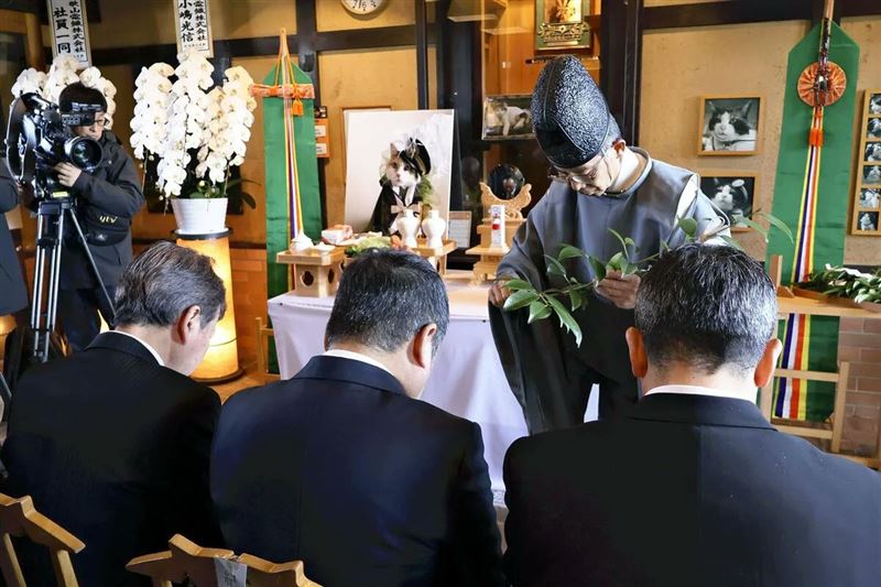 和歌山電鐵在貴志站舉辦第二代貓站長ニタマ社葬,和歌山電鐵社長小嶋光信擔任葬儀委員長率員工出席。(圖/翻攝自X@osaka_syakai)