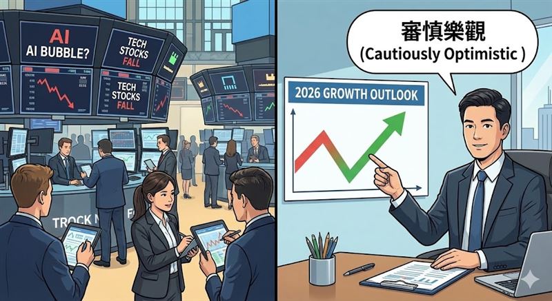 年底台股震盪,AI泡沫論再起?街口投信經理人蘇昱霖分析,NVIDIA庫存增加是為新品趕工的「好消息」,且Google TPU與GPU雙雙成長,並無泡沫疑慮。強調「你的晶片、我的晶片都是台積電的」,看好2026年台積電與散熱、BBU等供應鏈動能持續強勁。(AI製圖,模擬情境)