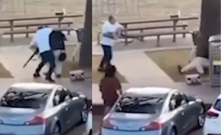 身穿白衣的43歲大叔英勇上前搶奪歹徒槍枝，被大讚是英雄。（翻攝自X）