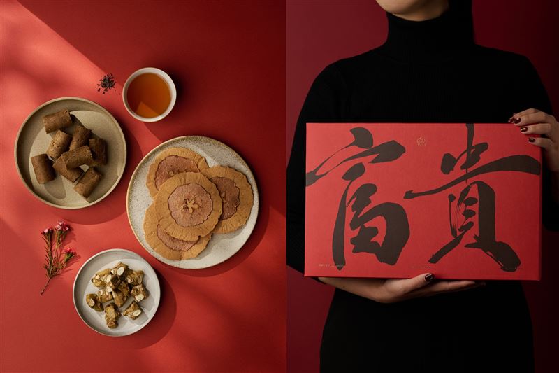 「富貴茶點禮盒」內容集結鹿兒島焙茶蛋捲、花形蘋果米餅、紅茶杏仁牛軋糖與萃釅普洱茶。(圖/品牌業者提供)