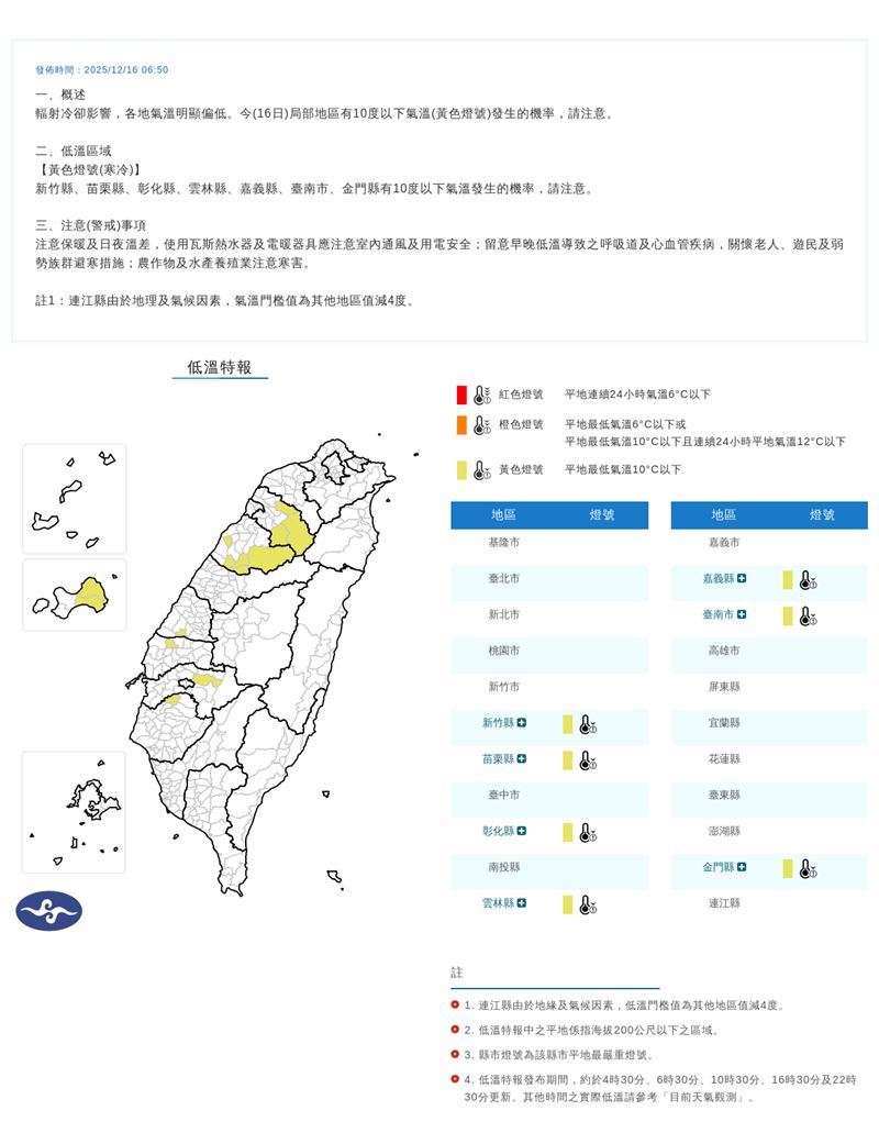 中央氣象署針對7縣市發布低溫特報。（圖／中央氣象署）