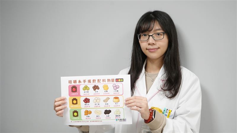 王盈媗營養師提醒,一杯飲料只要加上配料,熱量動輒破200大卡。(圖/臺北醫院提供)