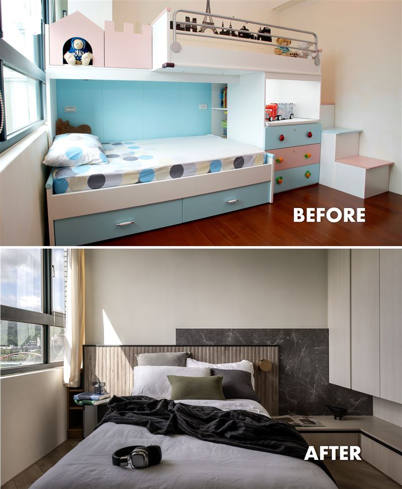 廖盈婷兒子「轉大人」，歐德設計師將繽紛童趣的城堡房，升級為沉穩敞亮、收納學習機能兼具的青少年房。（圖／歐德傢俱提供）