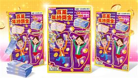 搶攻年終尾牙商機，台灣彩券16日推出全新刮刮樂「百萬年終獎金」，每張售價200元。最大亮點是頭獎100萬元多達60個，為目前市面上百萬獎項最多的遊戲。總中獎率33.72%，適合與同事親友歡聚試手氣，為自己「放大」年終獎金。（圖／台灣彩券提供） 