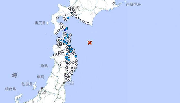 青森外海再度發生地震,多個地區都有感。(圖/翻攝自日本氣象廳)