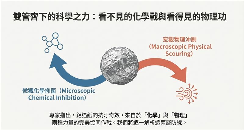專家指出,鋁箔紙的抗汙奇效,來自於「化學」與「物理」 兩種力量的完美協同作戰。補教老師自然科物理老師黃君老師製圖。（圖／Good全名師教學團隊執行長顧全提供）