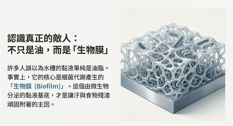 許多人誤以為水槽的黏液單純是油脂，事實上它的核心是細菌代謝產生的「生物膜(Biofilm)」。黃君老師製圖。（圖／Good全名師教學團隊執行長顧全提供）