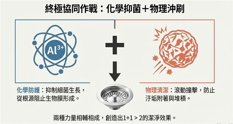 化學抑菌物理沖刷。黃君老師製圖。（圖／Good全名師教學團隊執行長顧全提供）