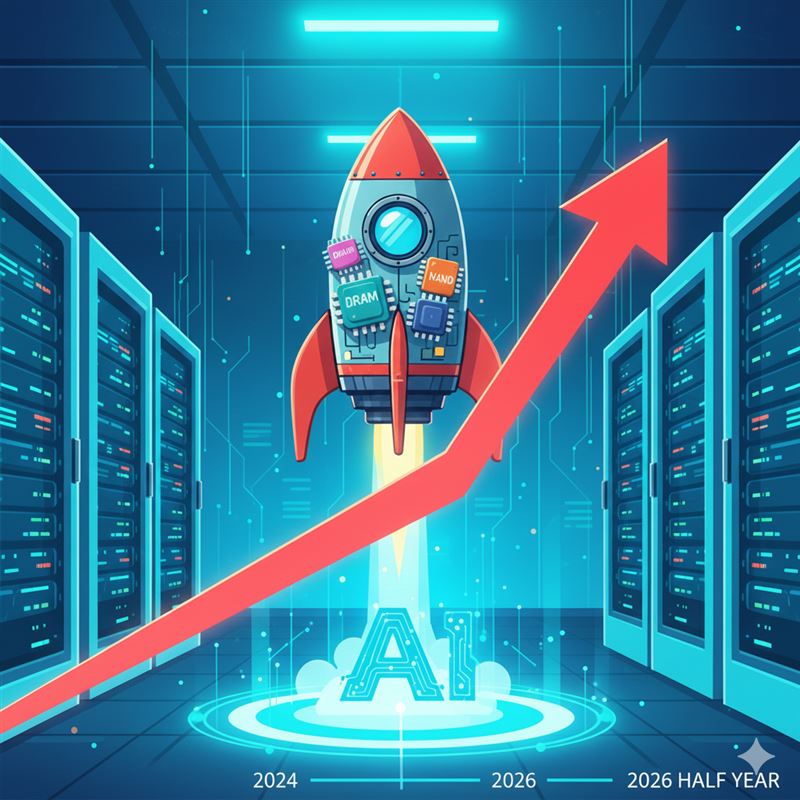 DRAM、NAND價格將狂飆!法人指出,AI Inference需求(如ChatGPT、Gemini)已讓記憶體進入結構性牛市,景氣上升循環將延續至2026年下半年。 HBM4成高階戰場,eSSD出貨量五年CAGR將上看30%。 在地台廠如群聯、南亞科、華邦電庫存天數已降至健康水位, 受惠於AI需求,個股獲利動能看漲,有望迎來史上最長一波超級上升循環!(AI製圖,模擬情境)