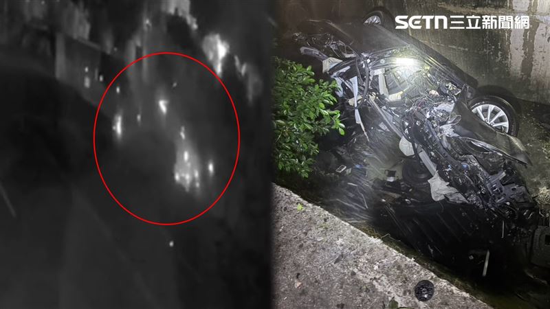 22歲男子不明原因失控自撞路邊外側護欄及電線桿，連人帶車栽進水溝，撈起後呈現「廢鐵包屍」。（圖／翻攝畫面）