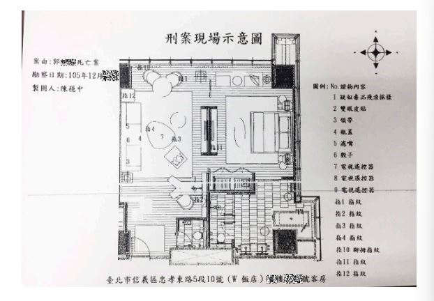 【W飯店毒趴命案 2】土豪哥朱家龍更一審判2年10月定讞已出獄 女模父親大喊:富二代的遊戲,社會不公平。圖為刑案現場示意圖。(圖/翻攝自《台北地檢署》官網)
