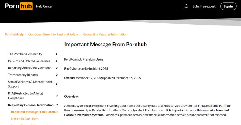Pornhub發聲明、證實個資外洩,但僅強調會員的密碼、信用卡財務資訊仍是「處於安全狀態」,並未提及會員最擔心的「網路使用紀錄」是否有遭到外洩。(圖/翻攝自Pornhub官網)