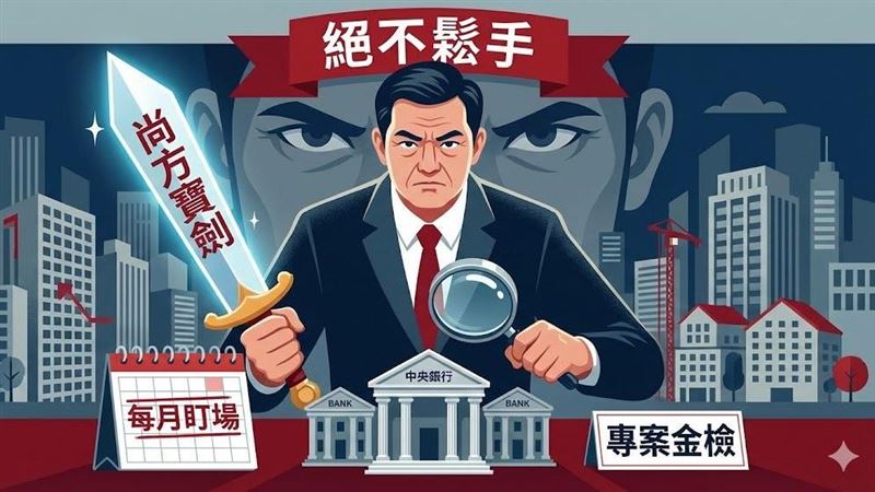 央行理監事會拍板利率連凍,第七波信用管制續行。針對房貸總量改「自主管理」,楊金龍強調絕非鬆綁,改採「按月監控」搭配「專案金檢」,銀行犯錯只有一個月機會。他更坦言新青安代價高昂,呼籲銀行回歸專業嚴審,勿盲目放貸。(AI製圖,情境模擬)