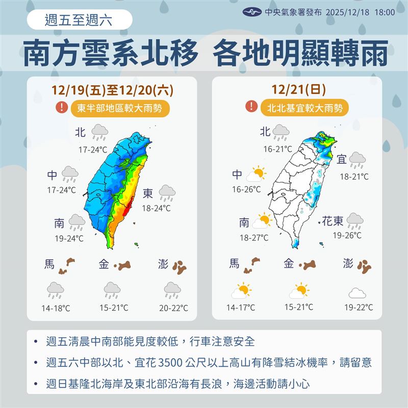今明兩天全台降下大雨，東半部地區有較大雨勢「下到發紅」。（圖／翻攝自報天氣 - 中央氣象署臉書）