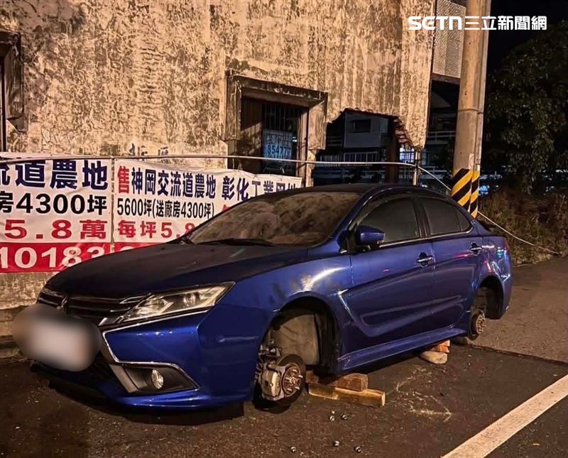 苗栗通霄鎮輪胎大盜出沒，3輛車停路邊慘遭卸胎。（圖／翻攝畫面）