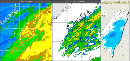 今晨4時紅外線雲圖顯示，中高雲正逐漸通過(左)。雷達回波合成圖顯示，伴隨降水回波(中)。累積雨量圖顯示，各山區、東半部及中南部平地有局部雨(右)