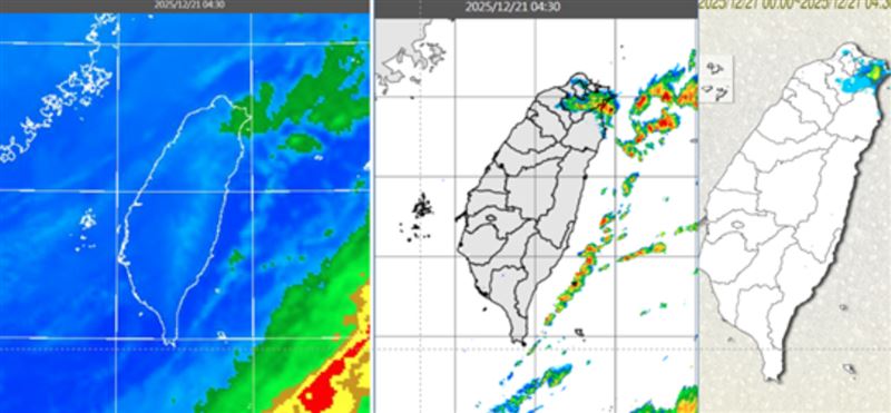 今(21日)晨4:30紅外線雲圖顯示,迎風面雲量漸增(左圖)。4:30雷達回波合成圖顯示,伴隨降水回波(中圖)。4:30累積雨量圖顯示,大台北東側已有降雨(右圖)。(圖/翻攝自老大洩天機)