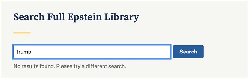 美國川普政府堂而皇之遮掩真相？司法部網站的艾普斯坦案件檔案庫，關於川普的照片被撤下，現在輸入川普名字，只會查無結果。（圖／翻攝自X平台 @GovPressOffice）