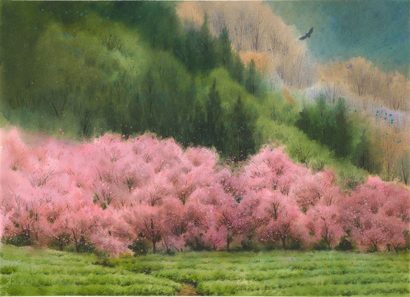 北投晶泉丰旅2026第一季駐村藝術「晶彩．印記」特展，作品「春晨翔鷹」以層疊暈染筆觸描繪台灣山林晨霧與光影流轉，呈現自然與旅宿交織的靜謐記憶。（圖／飯店旅宿業者提供）