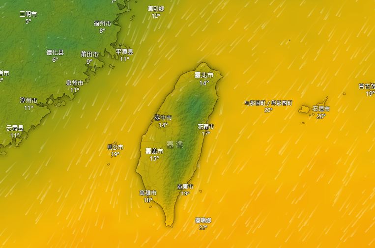 下週五到下週日持續受東北季風影響，金門、馬祖低溫僅10到13度。（圖／翻攝自Windy.com）