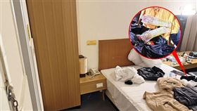 警方在張文藏匿的旅館房間床上，發現藏有汽油彈的包包。（北市警局提供）
