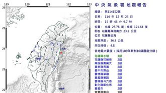 新／15：46花蓮規模4.8地震　最大震度3級