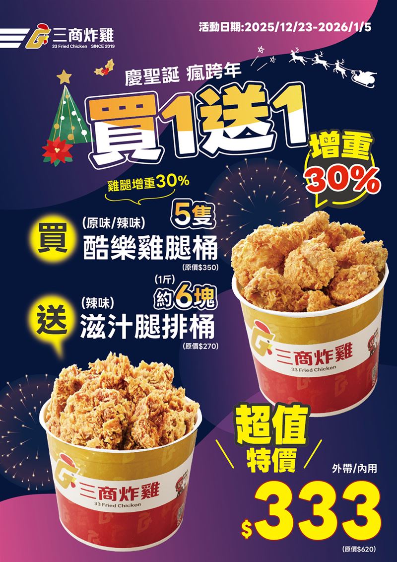 三商炸雞5隻酷樂雞腿加贈1斤滋汁腿排桶，原價620元，特惠價333元。（圖／品牌業者提供）