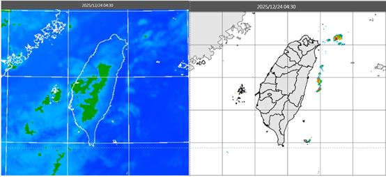 今晨4:30紅外線雲圖顯示，台灣附近有鬆散低雲或霧(左)。雷達回波合成圖顯示，無明顯降水回波(右)