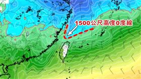 明日深夜1500公尺高度0度線將接近北海岸，這也是入冬以來最強的一波冷空氣。（圖／翻攝自觀氣象看天氣 臉書）