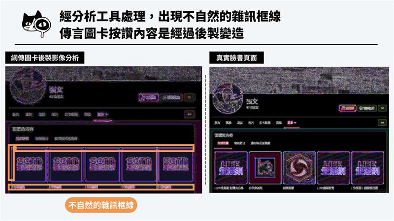 經分析工具處理，傳言圖卡是經過後製變造。（圖／翻攝自台灣事實查核中心）