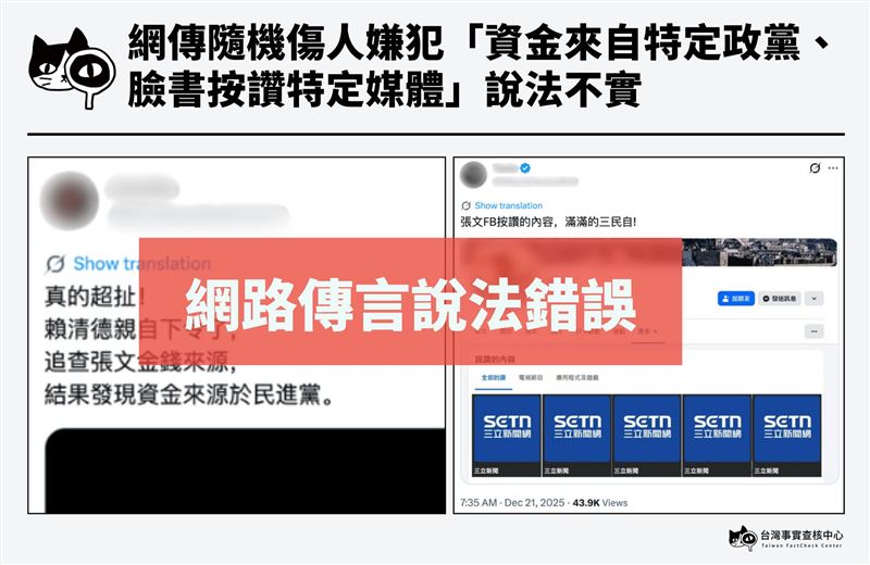 網傳隨機傷人嫌犯「資金來自特定政黨、臉書按讚特定媒體」說法不實。（圖／翻攝自台灣事實查核中心臉書）