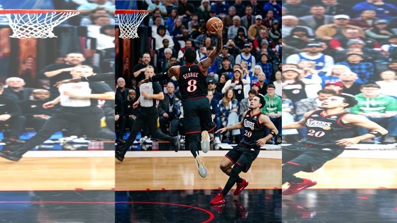 喬治（Paul George）抄球後單臂暴扣。（圖／翻攝自76人推特）