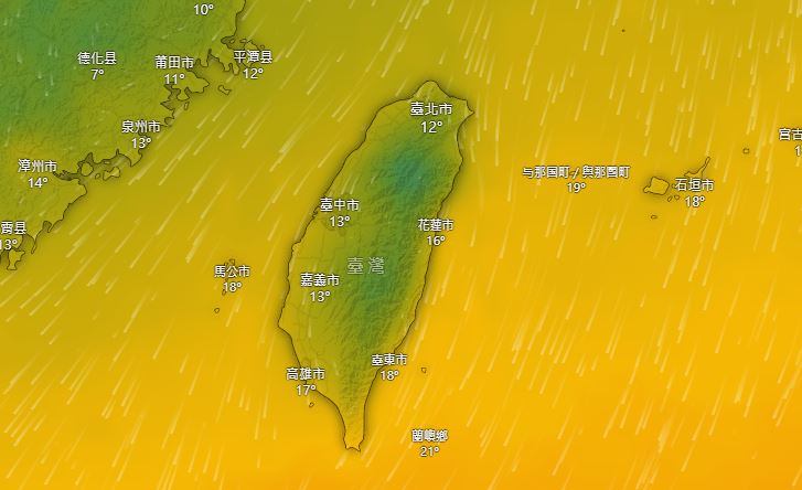 本波冷氣團最冷時段為聖誕夜晚間至週六清晨，預估有明顯冷平流南下抵達台灣。（圖／翻攝自Windy.com）