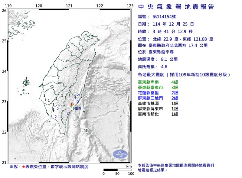 今凌晨3點41分、4點40分台東縣接連發生地震。（圖／中央氣象署）