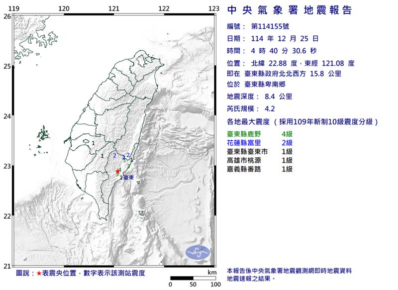 凌晨4點40分發生規模4.2地震，最大震度台東縣4級。（圖／中央氣象署）