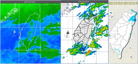 今晨4:30紅外線雲圖顯示，迎風面雲量增多，南台灣有鬆散雲層通過(左)。雷達回波合成圖顯示，北台灣、東側海上及南台灣皆有降水回波(中)。累積雨量圖顯示，東北部有明顯降雨、北部、南部較零星(右)