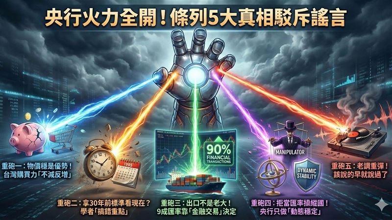 針對外媒質疑新台幣匯率遭低估，中央銀行254日發布千字文「5點重砲回擊」（圖）。央行強調，實質有效匯率（REER）下降主因是台灣物價較國外便宜35%，證明購買力不減反增。央行更指匯率主要由金融交易決定，非單看出口表現，痛批外媒拿30年前舊標準衡量是「搞錯重點」。（AI製圖，情境模擬）