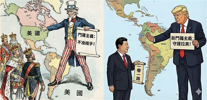 從防範歐洲列強到圍堵中國崛起，跨越兩百年的「門羅主義」本質未變：美洲是美國人的美洲。（圖／AI製圖）