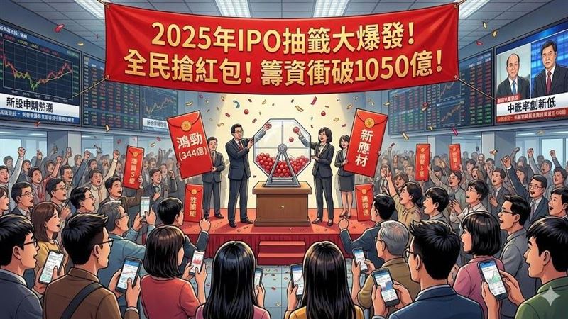 2025年台股IPO市場熱翻天，全年70家掛牌籌資破1050億創紀錄。半導體「鴻勁」吸金344億成紅包王，股民瘋搶新股賺價差。安永看好AI與晶片優勢，預告2026年行情續旺，投資人明年還有機會再拚手氣抽大紅包。（AI製圖）