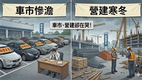 經濟部數據揭露殘酷真相！雖然AI與百貨業績長紅，但「建材」與「汽車」產業卻慘遭血洗。建材批發年減17.5%，創下近期最大跌幅，房市降溫訊號明確；車市同樣冷颼颼，買氣重摔一成。台灣呈現「一個天空兩個世界」，傳產業者苦嘆：這個冬天特別冷！（圖／AI製圖） 