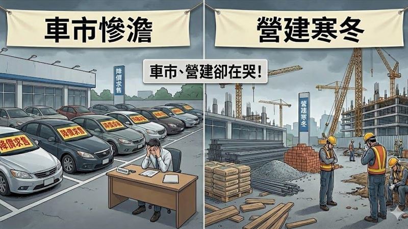 經濟部數據揭露殘酷真相！雖然AI與百貨業績長紅，但「建材」與「汽車」產業卻慘遭血洗。建材批發年減17.5%，創下近期最大跌幅，房市降溫訊號明確；車市同樣冷颼颼，買氣重摔一成。台灣呈現「一個天空兩個世界」，傳產業者苦嘆：這個冬天特別冷！（圖／AI製圖）