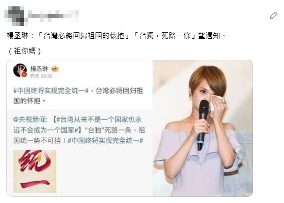 楊丞琳過往曾發表親中言論,如「台灣人吃不起海鮮」引起部分台灣網友不滿。(圖/翻攝自Threads)