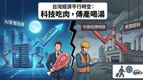 中研院經濟所日前發布預測，上修今年GDP至7.41%，林常青以「雲開未盡，月色已現」形容明年。月色指AI軍備競賽帶動設備進口暴增78%，但烏雲是中國低價傾銷與美國關稅，致傳產深陷無薪假。台灣出現科技業吃肉、傳產喝湯的殘酷平行時空，民眾寧願出國也不買車。（AI製圖）