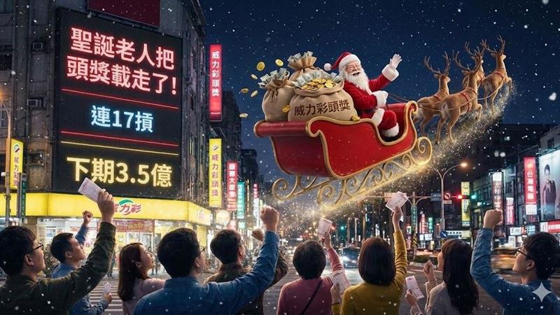 威力彩今（25）日聖誕夜開獎，頭獎確定未開出，已連續17期槓龜。台彩表示，隨著買氣增溫，預估下期（12/29）頭獎累積金額將上看3.5億元。彩迷雖聖誕夢碎，但也磨刀霍霍準備在跨年前拚一波財富自由。（AI製圖）
