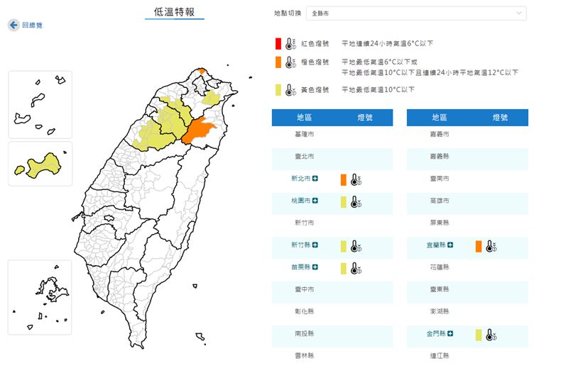 6縣市發布低溫特報。(圖/中央氣象署)