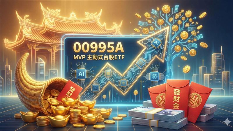 中信投信將於明年1月5日推出首檔主動式台股ETF「00995A」，主打獨家「MVP」選股策略，結合量化篩選與經理人主動操作，專挑AI供應鏈與股利成長股。總座陳正華更親赴霞海城隍廟過爐，推出限量發財金，要在元月行情帶領投資人搶攻超額報酬。 （AI製圖）