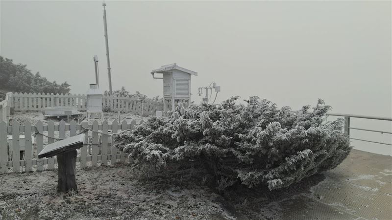 冷氣團發威，玉山北峰今早下雪了。（圖／中央氣象署）